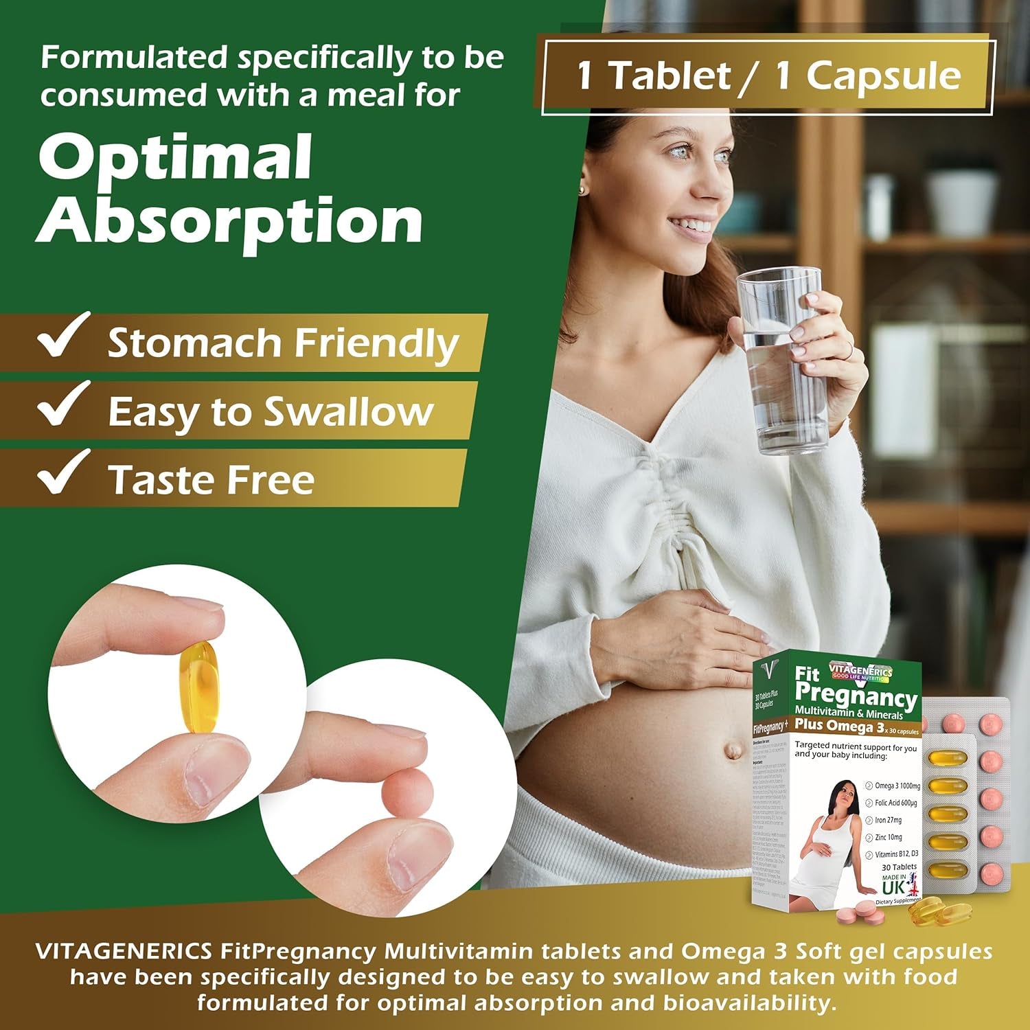 VITAGENERICS Fitpregnancy Multivitamin & Minerals plus Omega 3 | 30 Tablets plus 30 Capsules | with 600Μg Folic Acid, Iron, Zinc, B Vitamins & More. UK Made for Pregnant Women