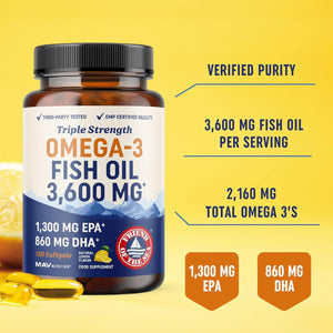Triple Strength Omega 3 Fish Oil 3600 Mg | EPA & DHA | over 2100Mg Omega-3 Fatty Acids | 1300Mg EPA + 860Mg DHA | Best Essential Fatty Acids | Premium Wild Caught & Burpless Fish Oil | 120 Ct