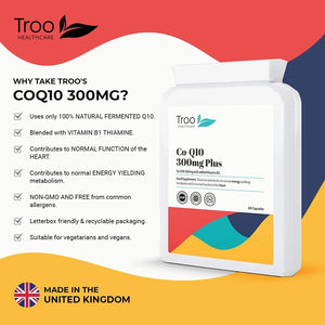 Troo Health Coq10 Supplement 300Mg plus - 60 Capsules - High Strength Trans Form Co Enzyme Q10 Enhanced with Vitamin B1 to Support Healthy Heart Function & Energy Metabolism - 2 Month Supply – UK Made