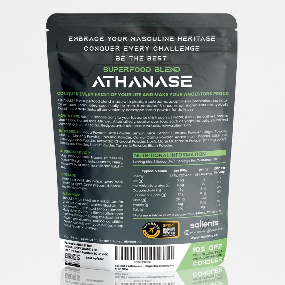 SALIENTS® ATHANASE® | Men'S Super Greens Powder | Superfood Powder Blend | Includes Maca Root, Guarana, Ashwagandha, Lions Mane, Shilajit, Fenugreek & More | 250G & 50 Servings | UK
