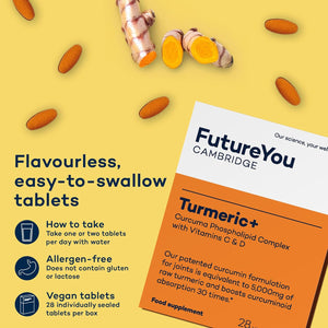 Turmeric+ Supplement – 28 Turmeric Tablets 30X More Absorbable – Curcumin Tablet Patented Meriva Formulation with Vitamins C – Turmeric Tablets for Bones, Joints & Muscles by Futureyou Cambridge