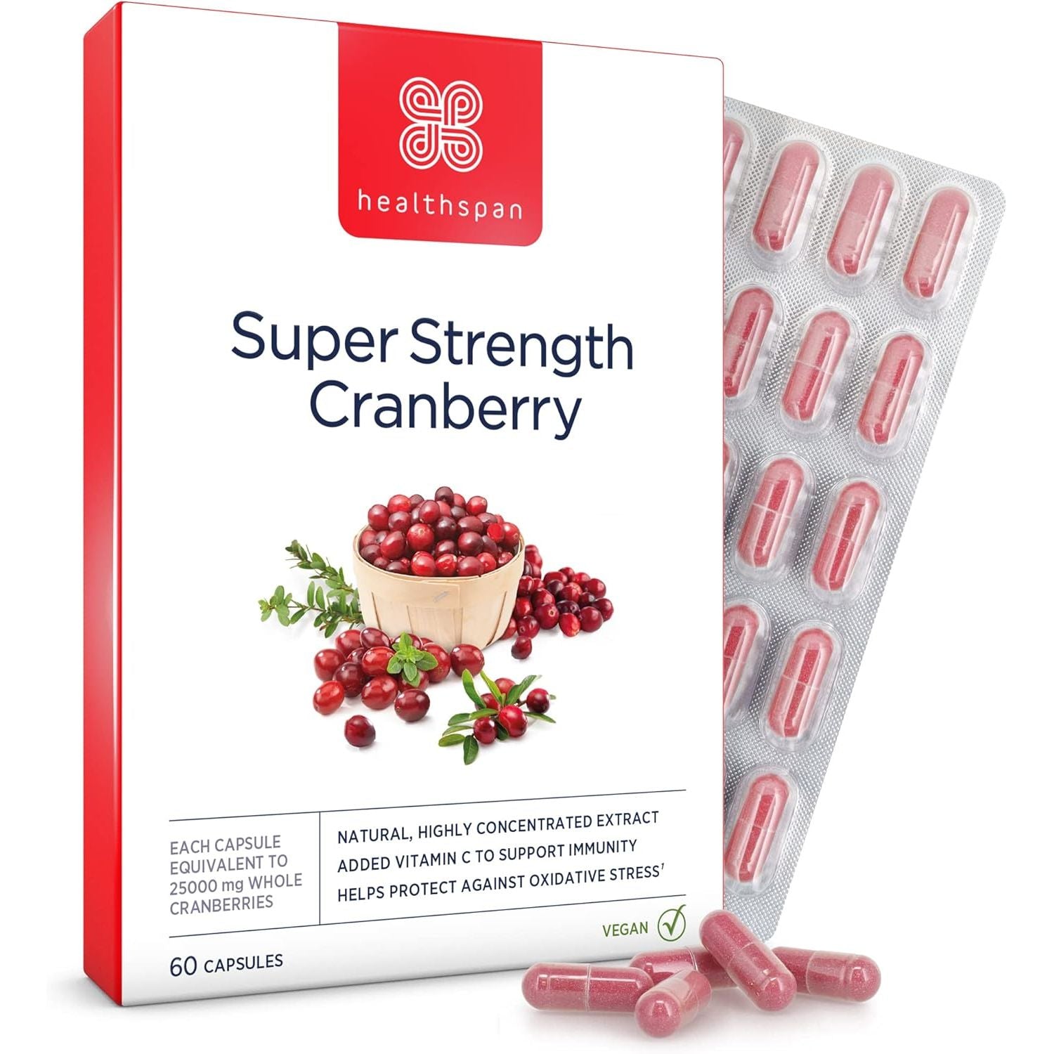 Healthspan Super Strength Cranberry (60 Capsules) | for Immune Health and Wellbeing | Equivalent to 25000 Mg Whole Fresh Cranberries | Highly Concentrated Formulation | Added Vitamin C | Vegan