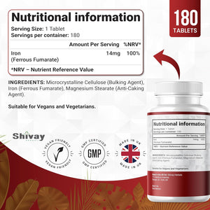 Iron 14Mg Tablets | 180 Vegan Tablets - 6 Month Supply | High Strength Ferrous Fumarate Supplement | for Tiredness & Fatigue | Made in the UK by Shivay Herbals