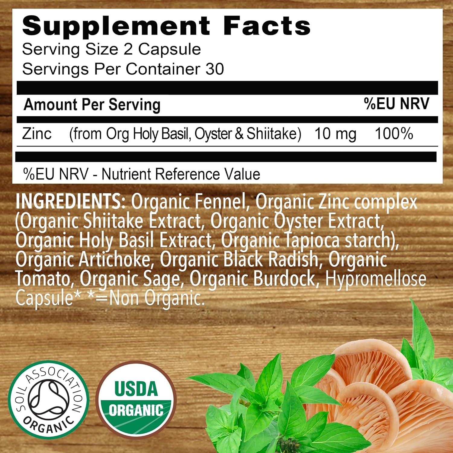 Organic Zinc Whole Food Supplement Certified by Soil Association - 1 Month Supply - Vegan