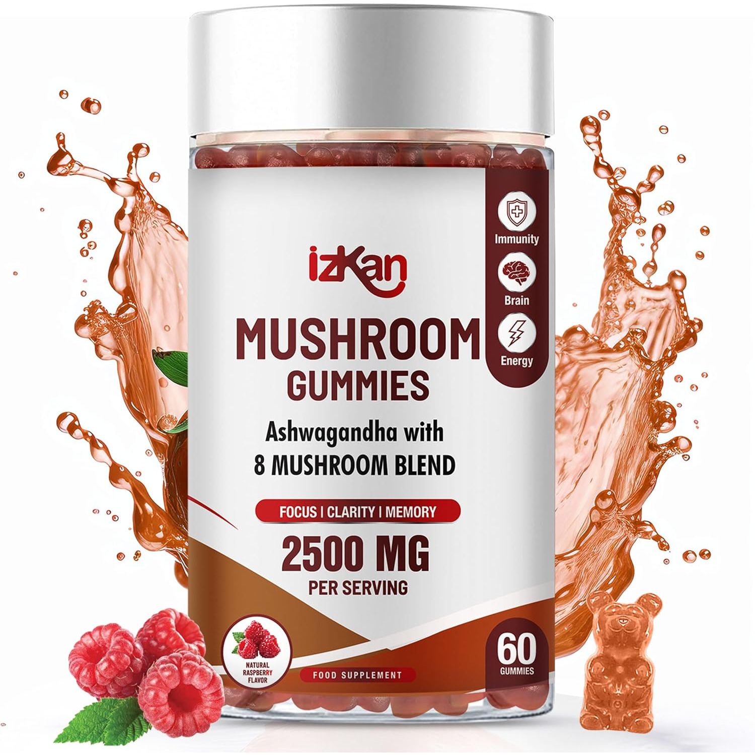 Mushroom Complex Gummies 2500Mg - 8 Brain Health Mushrooms Gummies with Ashwagandha Supplement Promotes Calm Focus Memory Mood Immunity & Energy - 60 Count (Halal, Gluten-Free, Vegan) (1)