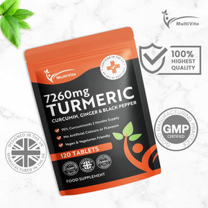 Turmeric Curcumin Tablets 7,260Mg per Serving - 95% Curcuminoids 2 Months Supply - with Ginger & Active Curcumin Including Black Pepper to Aid Absorption - High Strength Tumeric Supplement - Vegan UK