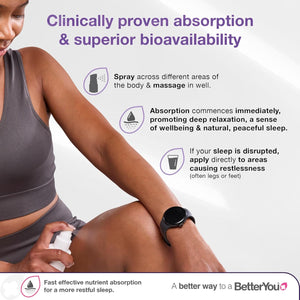 Betteryou Magnesium Sleep Body Spray, Made with Zechstein Magnesium Chloride and Essential Oils, Magnesium Supplement, Natural Sleep Aid, Palm-Oil Free, 100Ml (600 Sprays)