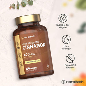 Cinnamon Tablets 4000Mg | Blood Sugar Control | High Strength Cinnamon Extract Supplement | 120 Vegan Tablets | by Horbaach