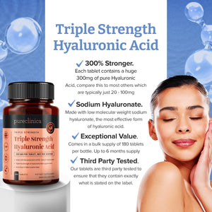 Triple Strength Hyaluronic Acid Supplement – 300Mg per Tablet | 180 Tablets | 6 Months Supply.
