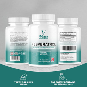 Vinco Resveratrol 1000Mg, 60 Capsules - 100% Pure Trans-Resveratrol Supplement for Cellular Health and Cardiovascular Wellness - Non-Gmo & Gluten Free - Made in the UK