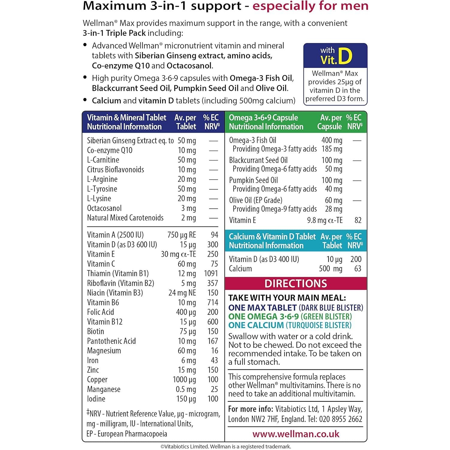 Wellman Max - Maximum Strength Multivitamin Formula Mix with Support for Energy, Immune System, Testosterone Level, Bone Health, Brain Health,Heart Health and Vision Health, 84 Tablets by Vitabiotics