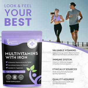 Multivita Multivitamins with Iron – 12 Essential Vitamins & Iron – Immune, Energy & Skin Support – 1-A-Day for Men & Women – 120 Tablets – 4 Month Supply – Vegetarian – Made in UK