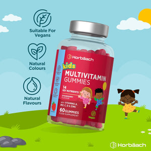 Kids Multivitamin Gummies | 60 Count (2 Months Supply) | 14 Essential A-Z Nutrients | with Vitamin A, B12, C, D & Zinc | Strawberry Flavour | Vegan Gummy Supplement for Ages 4+| by Horbaach