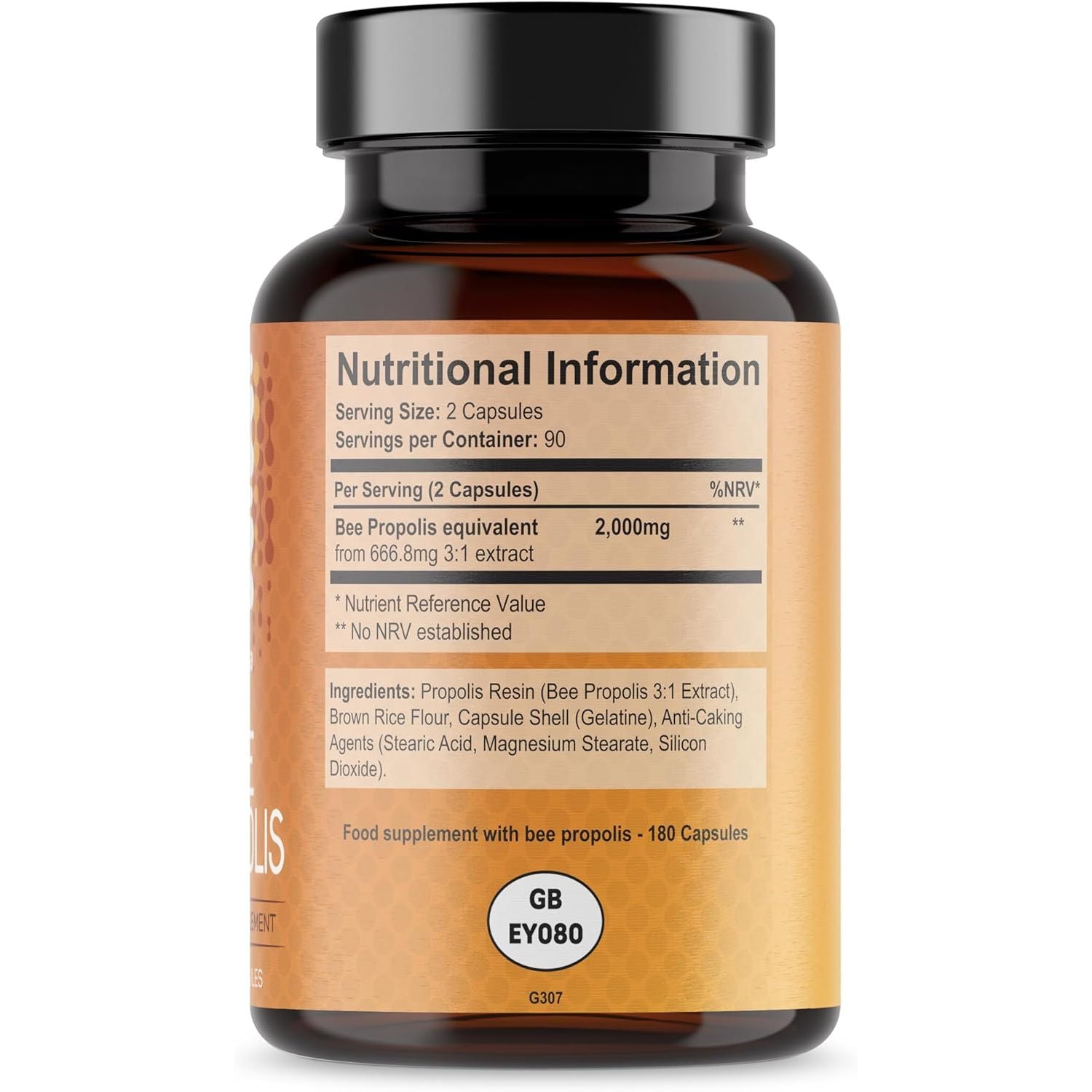 Bee Propolis - 2000Mg Propolis Equivalent per Serving - 3 Month Supply (180 Capsules / 90 Servings) - Natural Food Supplement - Bee Propolis Capsules