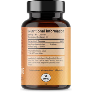 Bee Propolis - 2000Mg Propolis Equivalent per Serving - 3 Month Supply (180 Capsules / 90 Servings) - Natural Food Supplement - Bee Propolis Capsules