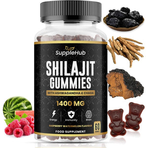 Shilajit Gummies 1400Mg, Pure Himalayan Shilajit Gummies with Ashwagandha and Chaga, Rich in Fulvic Acid, Natural Energy Boost, Sugar Free, Vegan, Raspberry & Watermelon Flavour - 60 Gummies/Bottle