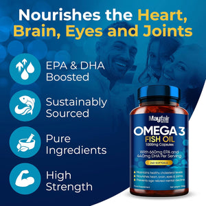 Omega 3 1000Mg Capsules - 240 Fish Oil Tablets with 660Mg EPA & 440Mg DHA per Daily Serving - Supports Heart, Vision, & Brain Health - 4 Months Supply - Made in UK…