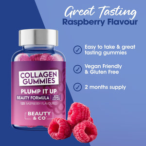 Collagen Gummies - Plump It up Raspberry-120 High Strenght Marine Collagen Gummies 500Mg per Serving with Biotin, Vitamin C & Folic Acid from Beauty & Co. (120)