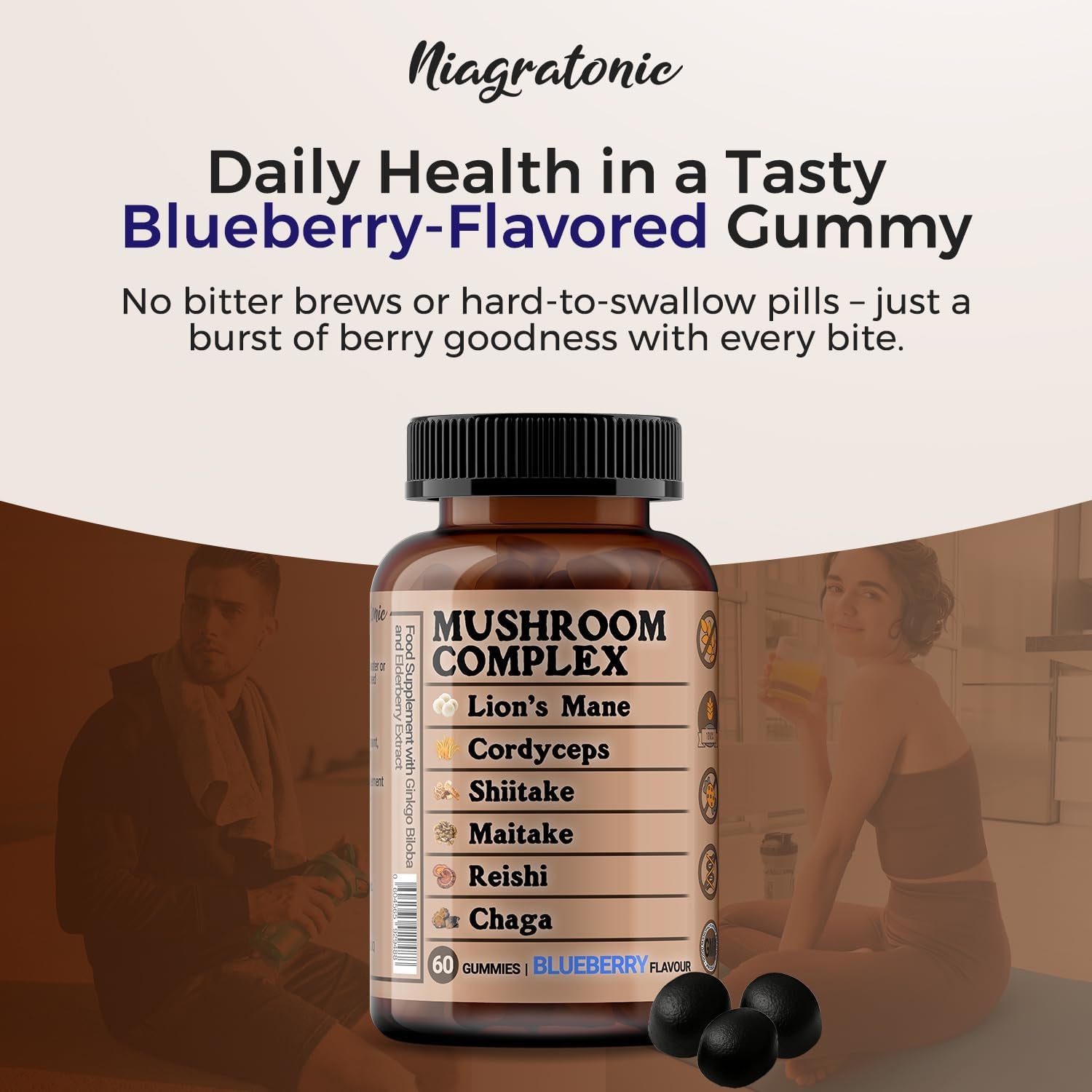 Mushroom Complex 60 Gummies, Lion’S Mane, Cordyceps, Shiitake, Maitake, Reishi, Chaga with Ginkgo Biloba and Elderburry Extract, Sugar Free