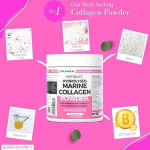 Nutripact Marine Collagen Powder with Hyaluronic Acid, Biotin, Vitamin C & B Vitamins 10,000Mg Hydrolysed Collagen Peptides Types 1 & 3, Unflavoured, Odourless, Highly Bioavailable – 30 Servings, 300G