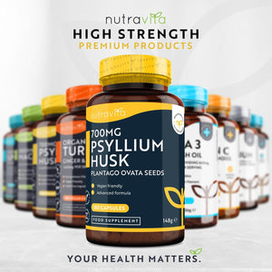 Psyllium Husks Fibre Supplement – 1400Mg per Serving – Naturally High in Soluble Fibre – 180 Vegan Capsules – Supports Daily Rhythm – 100% Pure Plantago Ovata Plant Seeds – Made in the UK by Nutravita