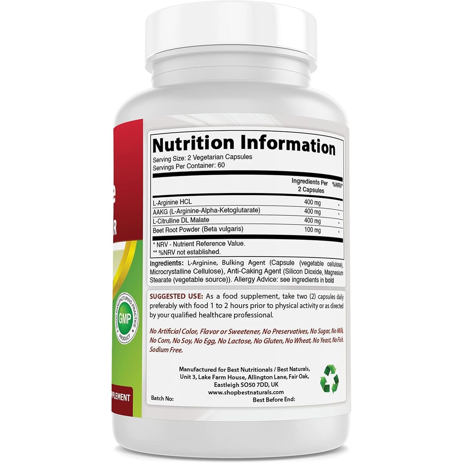 Best Naturals L-Arginine NO Booster Triple Strength 1300 Mg Serving 120 Veg Capsules (120 Count (Pack of 1))