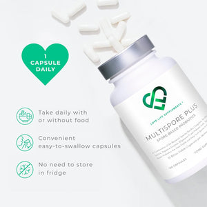 Multispore® plus Probiotics, 4 Month Supply - 120 Capsules, Bacillus Coagulans & Bacillus Subtilis Spore Based Probiotic, Bloating Relief/Gut Health, with Digestive Enzymes & Prebiotic Inulin, UK Made