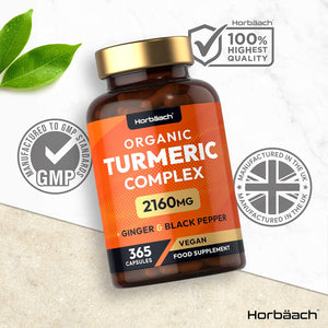 Organic Turmeric and Black Pepper 2160Mg | with Added Ginger | High Strength Curcumin Capsules | 365 Vegan Capsules | Easy-To-Swallow Formula | by Horbaach