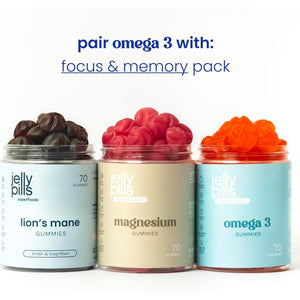 Jelly Pills® Concentrated Omega 3 Gummies (DHA + BCAA) and B Group Vitamins - 70 Orange Flavoured Vegan Gummies - No Added Sugars - for Children & Adults