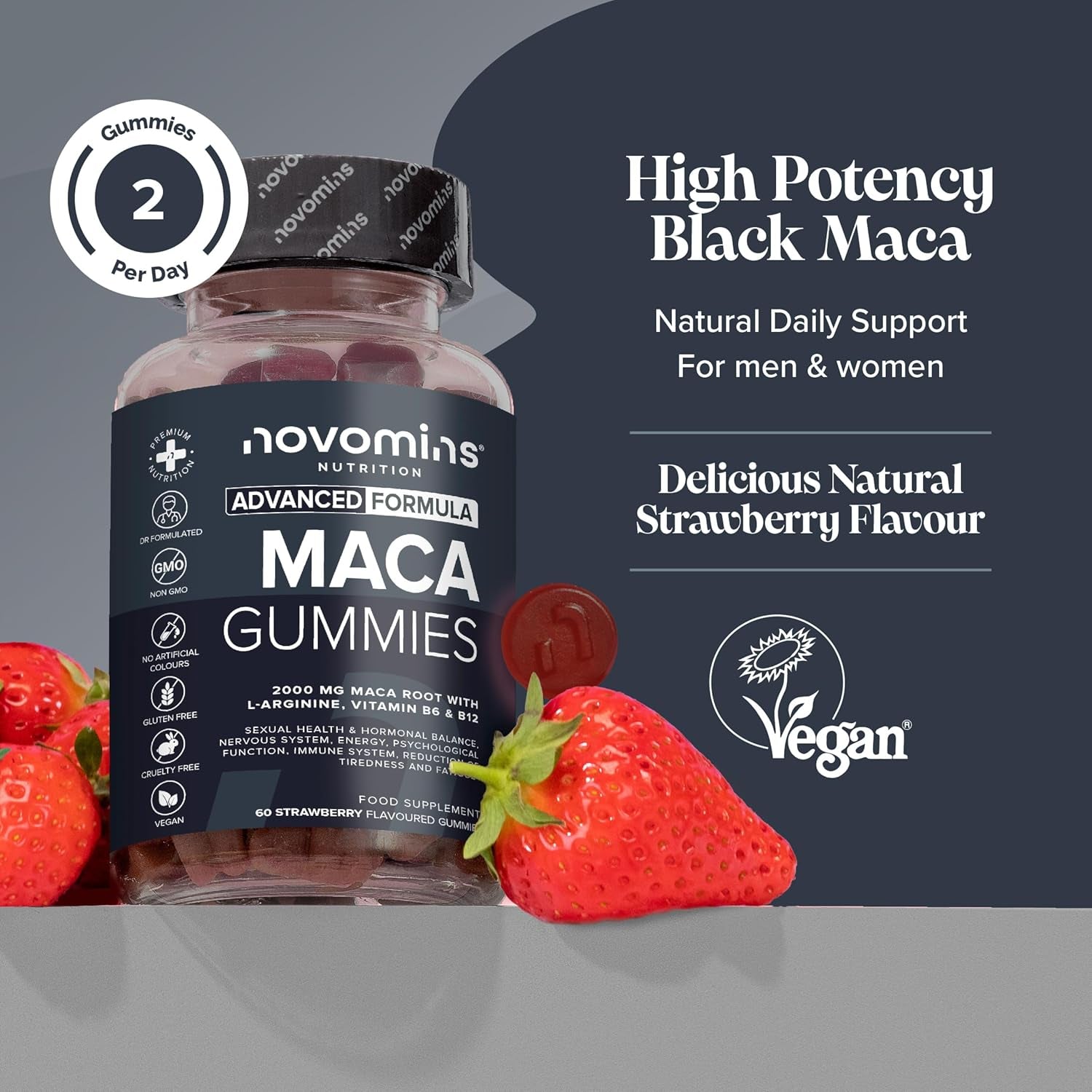 Maca Root Gummies - High Strength Alternative to Maca Powder & Maca Capsules - 2000Mg - Made from 100% Peruvian Maca Root Powder with L-Arginine, Vitamin B12 & B6-60 Count - Novomins