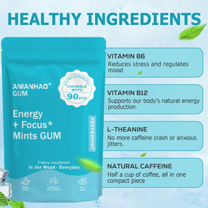 Energy & Focus Gum, 90 Pcs Energy & Focus Peppermint Chewing Gum, with B-Vitamins, L-Theanine and Natural Caffeine, Sugar-Free Dietary Supplement