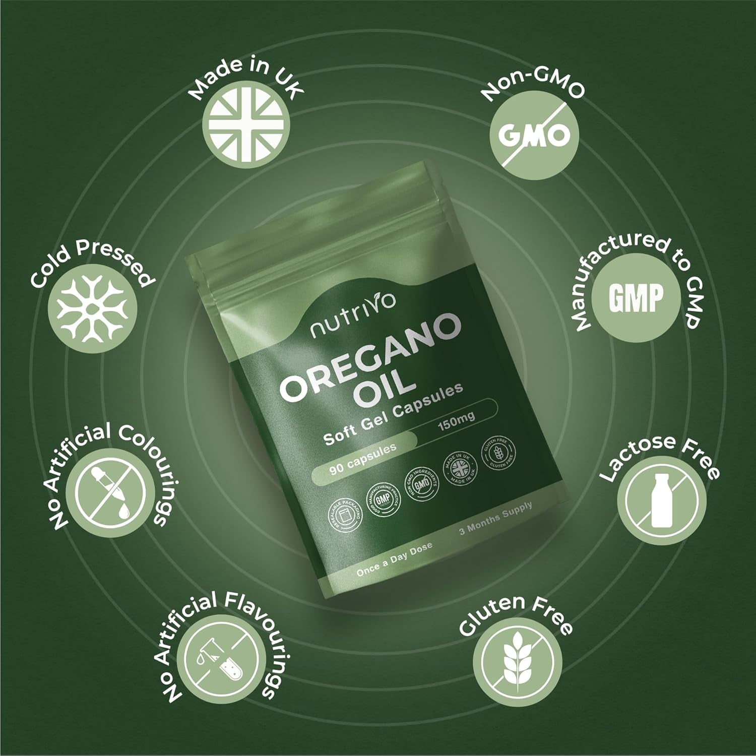 Oregano Oil Capsules | High Strength Oil of Oregano - 150Mg per Soft Gel | High Carvacrol Content | Immune & Digestive Support | Cold Pressed, Non-Gmo & UK Made