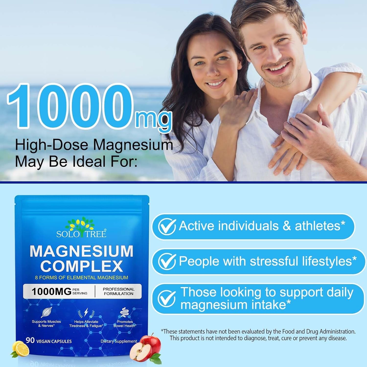 8 In1 Magnesium Complex Supplement 8 Elemental 1000Mg, Magnesium Glycinate, Citrate, Malate, Taurate, Chelated for Easy Absorption for Bones, Muscle, Recovery, Energy, Vegan Non-Gmo 90 Capsules
