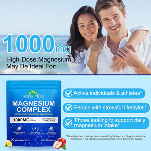 8 In1 Magnesium Complex Supplement 8 Elemental 1000Mg, Magnesium Glycinate, Citrate, Malate, Taurate, Chelated for Easy Absorption for Bones, Muscle, Recovery, Energy, Vegan Non-Gmo 90 Capsules