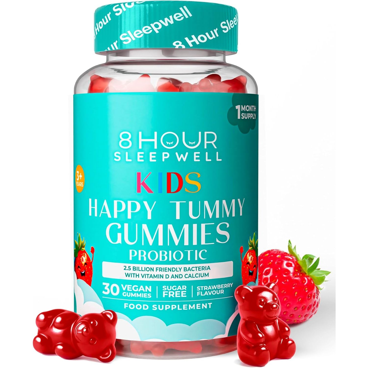Kids Probiotic Gummies – Chewable, Sugar-Free & Vegan – Probiotics with Vitamin D & Calcium for Immune Support & Gut Health – Raspberry Flavor, Gluten-Free – 1 Month Supply