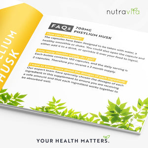 Psyllium Husks Fibre Supplement – 1400Mg per Serving – Naturally High in Soluble Fibre – 180 Vegan Capsules – Supports Daily Rhythm – 100% Pure Plantago Ovata Plant Seeds – Made in the UK by Nutravita