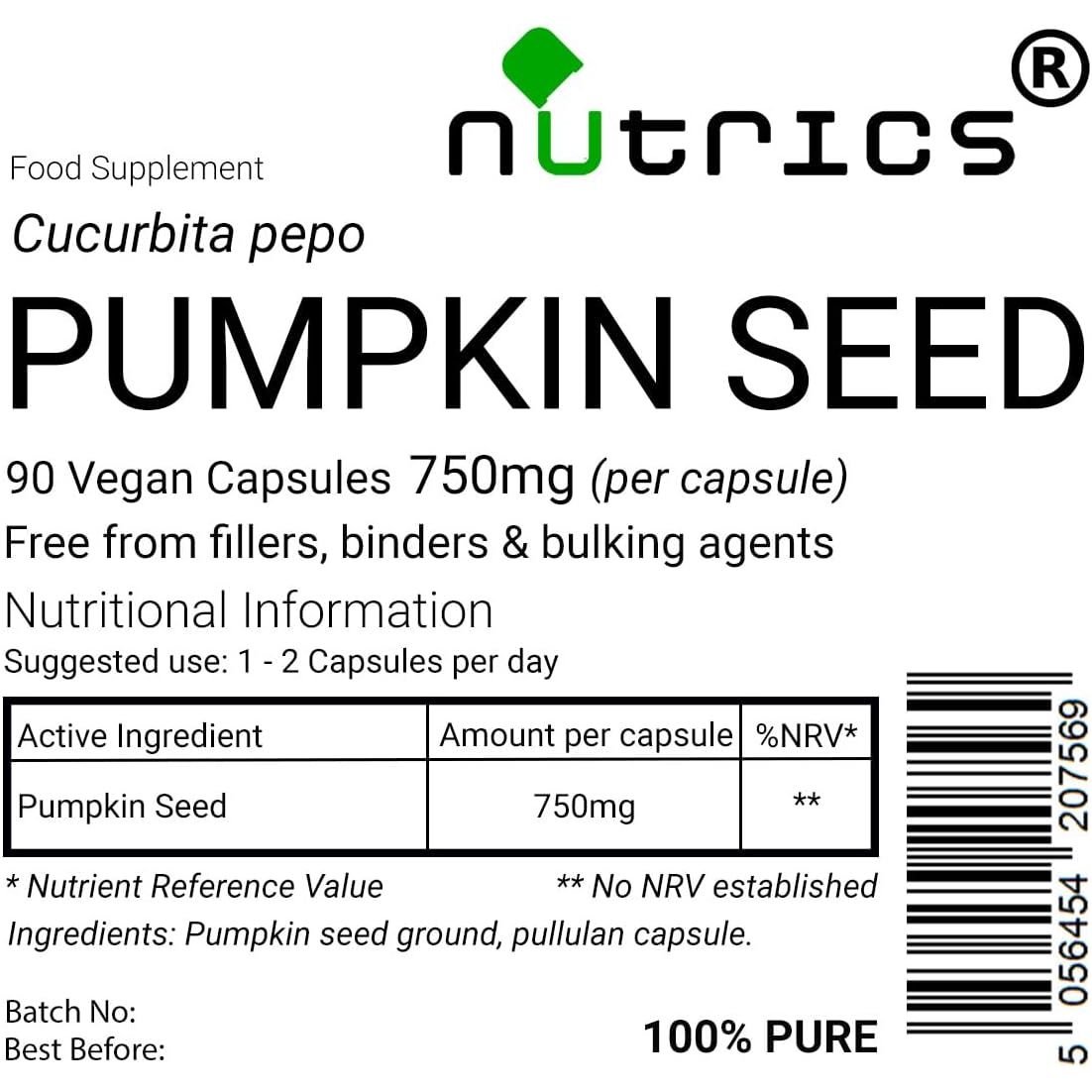 Nutrics® Pumpkin Seed 750Mg - Supplement - Suitable for Vegan Vegetarian Diet – Pure - 90 Vegan Capsules (2 Months Supply) (90)