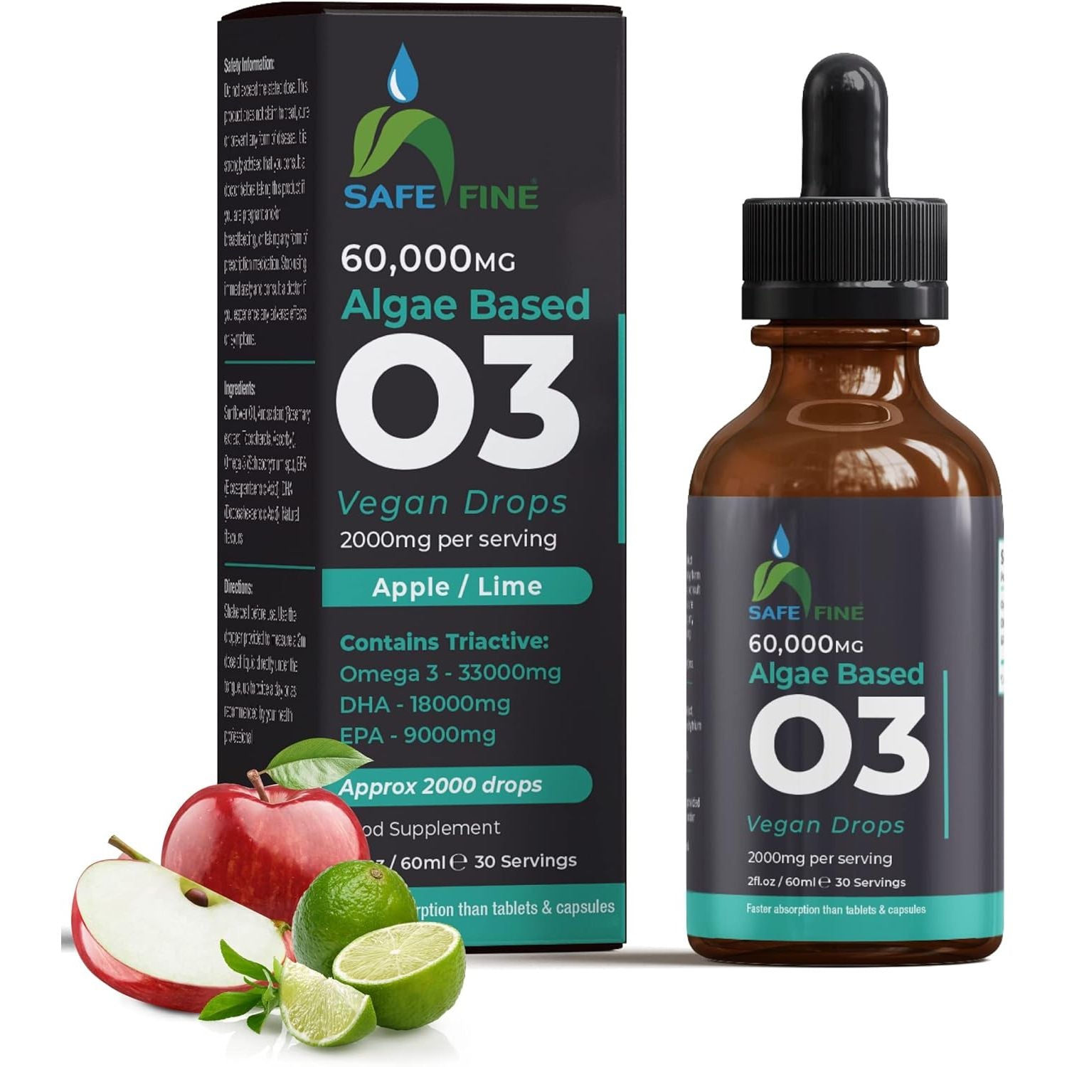 Safefine Omega 3 Liquid Vegan Drops - DHA from Algae Oil - 60 Ml Dropper Bottle - 2000 Mg per Serving Plant Based Algae Source Supports Heart Brain & Eyes