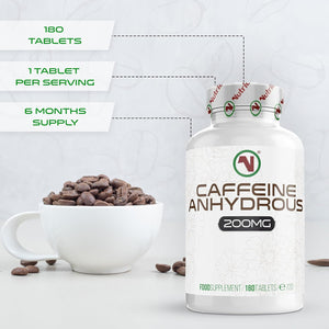 Nutriodol® Caffeine Pills 200Mg 180 Tablets | Energy Boost & Exercise Support Pre Workout | Improve Focus & Alertness | Vegan EU Made | GMP Approved