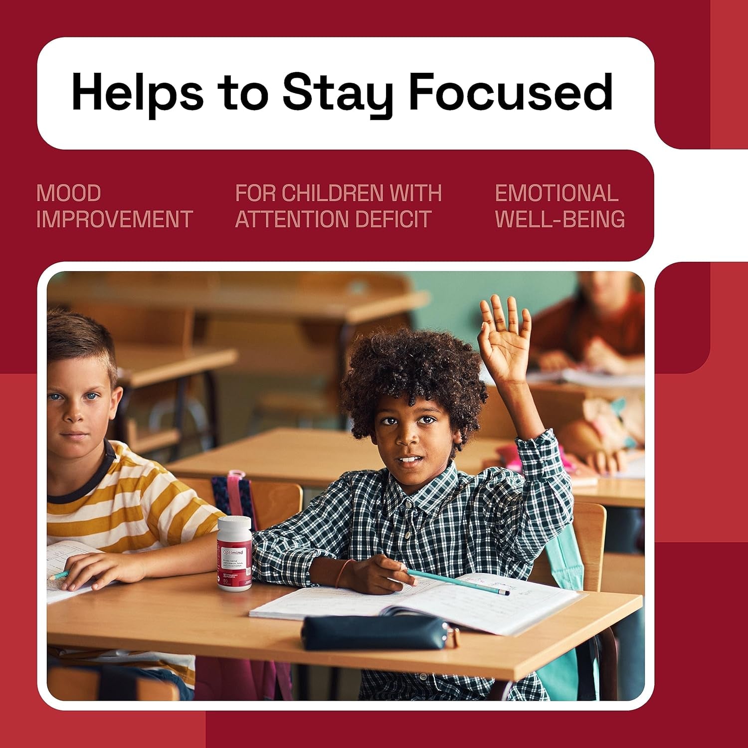 NAVEH PHARMA Optimind - Focus Supplement | Natural ADHD Supplements for Kids | 30 MG Saffron Supplements: Kids Vitamins and Memory Supplement for Brains | Mood Support | 60 Calm Gummies (Strawberry)