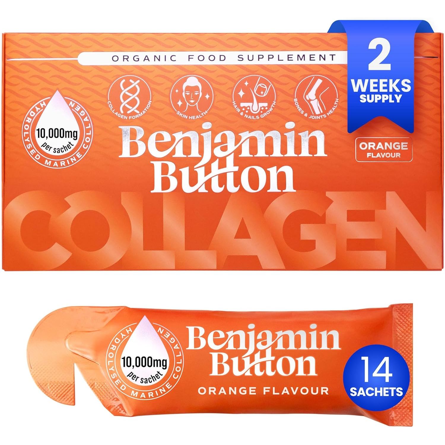 14X Marine Collagen Liquid Sachets - 10,000Mg Hydrolysed Type 1 with Vitamin C | Skin, Hair, Nails | Orange Flavor | 2-Week Supply | Higher Absorption Vs. Powder/Tablets - Benjamin Button®