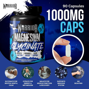 Warrior Magnesium Glycinate 3-In-1 Complex – High Strength Absorption Nutrition Supplement 384Mg 90 Vegan Capsules, UK Made Cognitive Wellness and Enhances Sleep & Muscle Relaxation