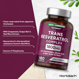 Resveratrol Supplement 1800Mg | 180 Capsules | Trans Resveratrol Complex with Grapeseed, Grape Skin, Red Wine Extract and Blueberry | Source of Polyphenols | by Horbaach