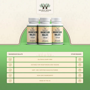 Double Wood Magnesium Malate Capsules | 240 High Strength Magnesium Malate Supplements | 80 Servings - 1500Mg Malate per Serving | Supports Energy Levels, Muscle Pain and Recovery | UK Manufactured