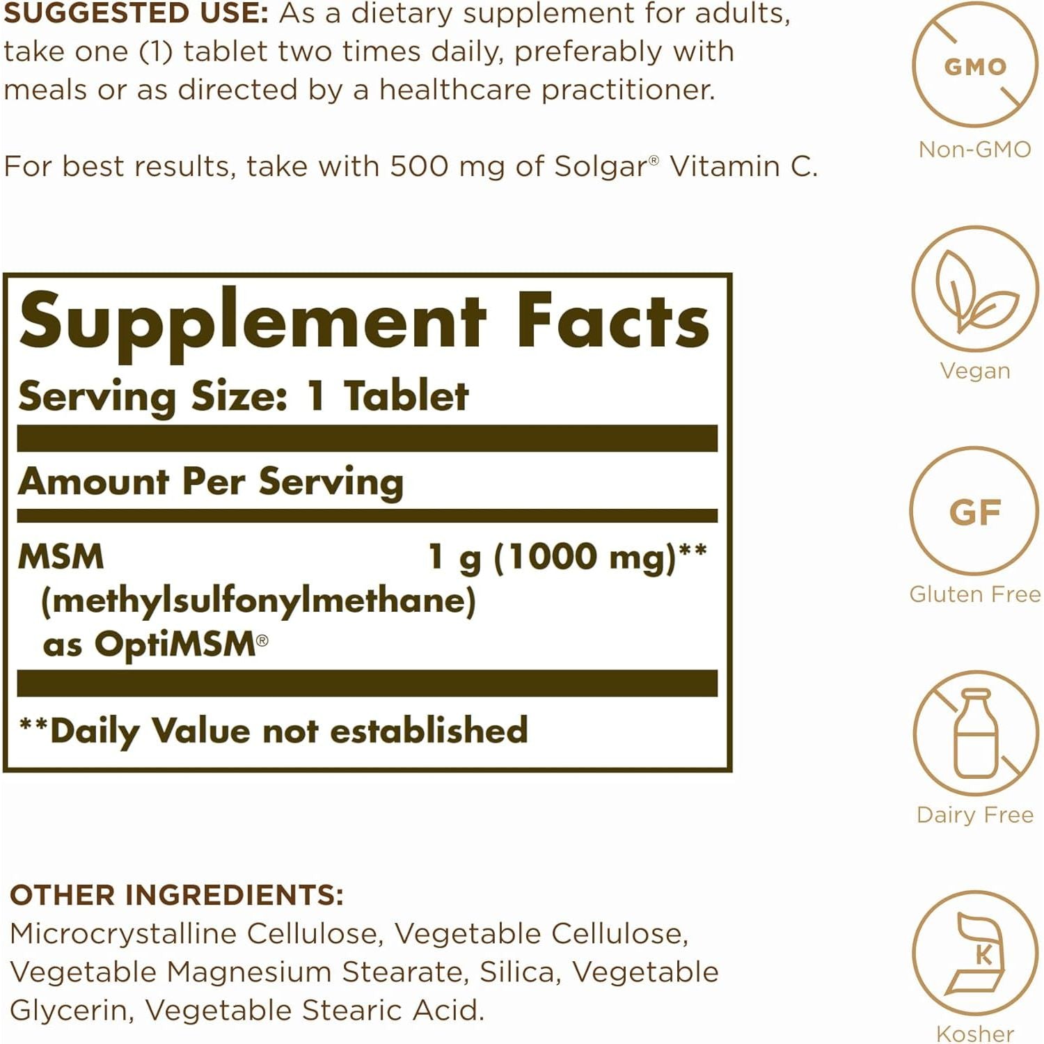 Solgar MSM 1000 Mg Tablets - Pack of 120 - for Improved Bone and Joint Health - Naturally Occurring Organic Sulphur Compound - Vegan and Gluten Free, Gold,1 G (Pack of 1)