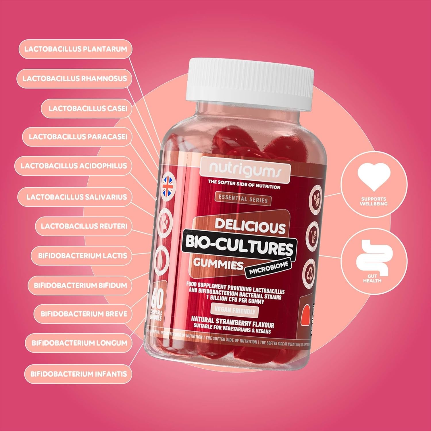 Bio-Cultures Microbiome Complex Gummy | 12 Multi-Strain Probiotics 1 Billion CFU | Acidophilus & Bifidobacterium | Strawberry Flavour | 60 Vegan Gummies | Support Wellbeing & Gut Heath by NUTRIGUMS®