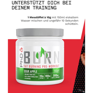 Phd Burn Pre Workout Powder with L Carnitine for Women and Men, Rich in CLA, High Caffeine for Pre-Workout, Sour Apple Flavour, 20 Servings (200G)
