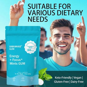 Energy & Focus Gum, 90 Pcs Energy & Focus Peppermint Chewing Gum, with B-Vitamins, L-Theanine and Natural Caffeine, Sugar-Free Dietary Supplement