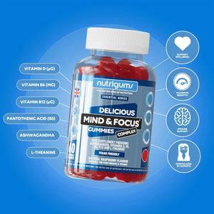Mind & Focus Ashwagandha Gummy | Ashwagandha, L-Theanine, Vitamins D, B5, B6 & B12 | Raspberry Flavour | 60 Vegan Gummies | Cognitive Health, Nervous System and Mental Performance by NUTRIGUMS®