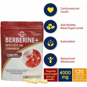 Berberine HCL Supplement Berberine 1200Mg Serving HCL 120 Capsules - plus Pure True Ceylon Cinnamon,Healthy Weight for Both Men and Women, 2 Month Supply